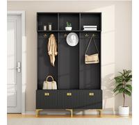 SogesGame Arbre d'entrée avec banc de rangement, porte-manteau multifonction avec étagères ouvertes et pieds dorés, 6 crochets dorés, siège à vérin à gaz à fermeture douce, portes rainurées brillantes