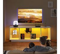 SogesGame Meuble TV moderne avec éclairage LED RVB, console multimédia basse pour TV avec espace de rangement ouvert, centre de divertissement pour consoles de jeux et livres, blanc