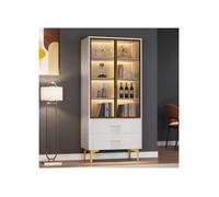 SogesHome buffet avec deux portes - 70*35*150cm - portes en verre, pieds dorés avec lumière LED, Blanc