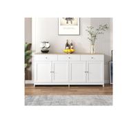 SogesHome Buffet avec veinage de bois blanc, quatre portes, avec trois tiroirs, salon, salle à manger，blanc