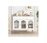 SogesHome Buffet de cuisine 94 cm de hauteur avec 3 tiroirs et 3 portes incurvées en verre trempé, blanc et naturel