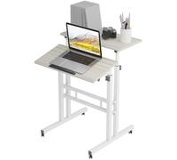 SogesHome Bureau Assis Debout Table de Lit Roulante (Roulette Verrouillable) Table Hauteur Réglable-60x60x70-115cm-Blanc Érable