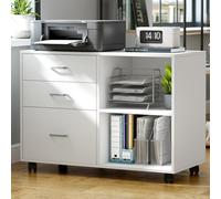 SogesHome Caisson de Bureau Mobile à roulettes Verrouillables, Meuble de Rangement de Dossiers avec 3 Tiroirs, Support d'Imprimante, Blanc