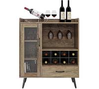 SogesHome Cave à Vin avec 1 Porte Vitrée et Tiroirs, Meuble Bar 3 Niveaux en Bois de Chêne avec 8 Caves à Vin pour Vin et Verres