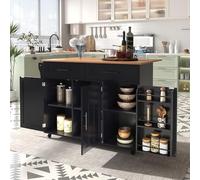 SogesHome Chariot de cuisine sur roulettes pour salle à manger, îles de cuisine, salle à manger, buffet, buffet, avec plateau pliant, 2 tiroirs, 6 espaces de rangement avec portes (teck noir/porte