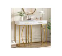 SogesHome Console, table d'entrée avec 2 tiroirs, table d'appoint de style luxe léger, table de canapé, 120 x 38 x 76 cm, blanc/or