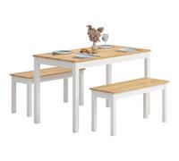 SogesHome Ensemble de salle à manger 3 pièces en bois avec 2 bancs de style maison de campagne - Table de salle à manger avec chaises pour 4 personnes - Blanc