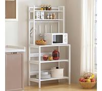 SogesHome Étagère de Cuisine à 5 Niveaux Étagère à Micro-Ondes avec 8 Crochets pour la Vaisselle Étagère de Rangement en Bois et Structure en Acier 80 x 40 cm