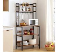 SogesHome Étagère de Cuisine à 5 Niveaux Étagère à Micro-Ondes avec 8 Crochets pour la Vaisselle Étagère de Rangement en Bois et Structure en Acier 80 x 40 cm