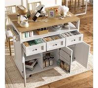 SogesHome Îlot de cuisine avec tables et roues extensibles, kitchenette mobile avec plateau en bois, porte-serviettes et espace de rangement, 118 x 43-80 x 98 cm (blanc)