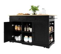 SogesHome Îlot de cuisine mobile, chariot de cuisine, chariot de service, chariot à repas avec plan de travail pliable, tiroirs, étagère latérale, multiprise (teck noir)