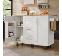 SogesHome Îlot de cuisine mobile - Grand chariot de cuisine avec plan de travail pliable, roulettes, tiroirs et porte-serviettes, blanc
