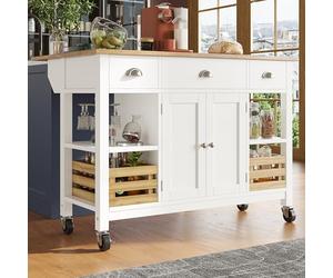 SogesHome Îlot de cuisine mobile sur 4 roulettes avec plateau de table pliable, armoire de cuisine avec 3 tiroirs, étagère et panier en pin, multifonctionnel comme table à manger, 120 × 45 × 90 cm