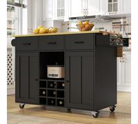 SogesHome Îlot de cuisine mobile sur 5 roulettes, grande armoire de cuisine, chariot de service avec étagère à vin, plan de travail pliable, tiroirs et porte-serviettes, chariot à manger, 104 x 39,5 x