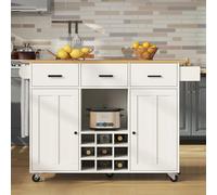 SogesHome Îlot de cuisine mobile sur 5 roulettes, grande armoire de cuisine, chariot de service avec étagère à vin, plan de travail pliable, tiroirs et porte-serviettes, chariot à manger, 104 x 39,5 x