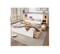SogesHome Lit 140x200 cm, Structure De Lit en chêne/blanc avec 2 tiroirs + USB + 2 tables de nuit