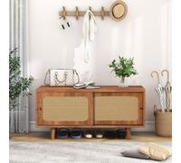 SogesHome Meuble à chaussures en rotin avec 2 portes avec étagère réglable, couleur noyer, élégant meuble à chaussures pour couloir, salon et chambre à coucher, 104 x 40 x 48 cm