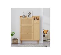 SogesHome MEUBLE A CHAUSSURES Rotin, 3 Portes Battantes + 1 Tiroir Pieds Bois Massif, 90x17x125 cm