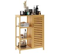 SogesHome-Meuble de Salle de Bains-Meuble de Rangement en Bambou-avec 3 Étagères et 1 Portes à Persiennes-66x33x87cm-bois