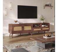 SogesHome Meuble TV avec portes et tiroirs en rotin - Meuble bas pour TV de 80" - Meuble TV moderne avec 8 pieds - 200 x 37 x 49,5 cm - Marron
