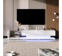 SogesHome Meuble TV bas avec cloisons en verre et éclairage LED variable combinant style maison de campagne naturelle et design moderne, 170 x 36 x 38 cm