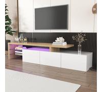 SogesHome Meuble TV moderne XXL 197,5 cm Élégance élégante, espace de rangement pratique, brillant, aspect bois, étagères en verre, éclairage LED, 8693WAA-W