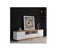 SogesHome MEUBLE TV - Structure en blanc avec incrustations de motifs bois naturel - 180x38x46 cm Rangement intégré multifonction