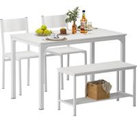 SogesHome Table a manger avec chaises 4 pièces avec étagère en Bois et Structure en Acier pour Salle à Manger et Cuisine，Blanc