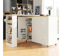 SogesHome Table de bar pivotante à 360° avec îlot de cuisine, chariot de rangement sur roulettes avec 3 tiroirs, 2 portes, porte-collations et étagère latérale pour cuisine, salle à manger, salon,
