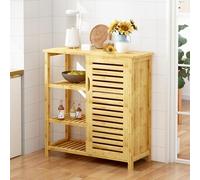 SogesPower Armoire de Rangement pour Salle de Bain avec Porte et étagères, Meuble de Rangement Autonome avec Porte à volet, Armoire en Bambou à 3 Niveaux pour Cuisine, Salon, Salle de Bain