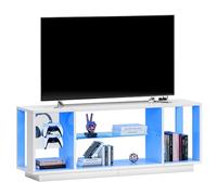 SogesPower Console TV LED 140 x 35 x 52 cm | Blanc avec UV brillant et structure en mélamine | Éclairage RVB 7 couleurs + prise européenne | Étagère en verre réglable en hauteur pour salon / chambre à