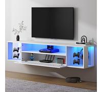 SogesPower Support TV flottant mural avec lumières, support TV LED, centre de divertissement flottant avec rangement pour chambre à coucher, salon, étagère flottante moderne pour dessous de TV, blanc,
