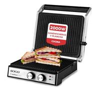 SOGO Appareil à croque-monsieur et plancha de cuisine SS-7132 - Grill 2000 W avec ouverture 180° et plaques lisses antiadhésives - Grille électrique multifonction pour paninis, viandes, poissons et