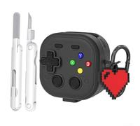 Sogoluat Coque de protection en silicone pour Galaxy Buds 4 et Buds 4 Pro, style console de jeu rétro, coque antichoc avec porte-clés et outil de nettoyage, prise en main douce (noir + cœur + stylo)