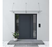 Sogood Auvent en Verre Transparent 90x250cm Auvent de Porte d'Entrée VDG02K Protection Contre la Pluie 3 Barres de Support en INOX
