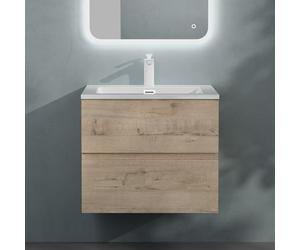 Sogood doporro Meuble de Salle de Bain Suspendu Chêne Clair 60x48x50cm Ensemble de 2 Pièces Meuble avec Lavabo Solid Surface Design Aqualis