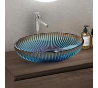 Sogood Lavabo à Poser Vasque en Verre Bleu Lave Mains Ovale de Salle de Bains Petit Lave-Mains pour WC 50,5x35x14,5 cm Minerva04