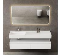 Sogood Meuble de Salle de Bain Blanc Mat Ensemble de 3 Pièces Meuble avec Lavabo 150cm et LED Miroir UP avec 2 Grands Tiroirs