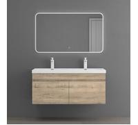 Sogood Meuble de Salle de Bain Chêne Clair Ensemble de 3 Pièces Meuble avec Lavabo 120cm et Miroir LED Botanica avec 2 Tiroirs
