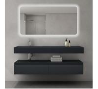 Sogood Meuble de Salle de Bain Gris Noir Mat Ensemble de 3 Pièces Meuble avec Lavabo 150cm et LED Miroir UP avec 2 Grands Tiroirs
