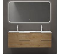 Sogood Meuble de Salle de Bains 144 cm avec Double Lavabo Ensemble de 3 Pièces Vasque Miroir LED et Meuble Aspect de Chêne Vanessa