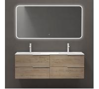 Sogood Meuble de Salle de Bains 144 cm avec Double Lavabo Ensemble de 3 Pièces Vasque Miroir LED et Meuble Chêne Clair Vanessa