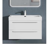 Sogood Meuble de Salle de Bains Blanc Mat Ensemble de 2 Pièces Meuble Suspendu avec Lavabo 90 cm Design Quadratto