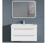 Sogood Meuble de Salle de Bains Blanc Mat Ensemble de 3 Pièces Meuble Suspendu avec Lavabo 100 cm et Miroir LED Design Quadratto