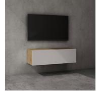 Sogood Meuble TV Bas 100 cm Armoire TV Marron Clair + Blanc Mat Table de Télévision Salon avec 2 Portes Meuble TV Suspendu MBTV02