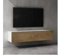 Sogood Meuble TV Bas 140 cm Armoire TV Blanc Mat + Marron Clair Table de Télévision Salon avec 2 Portes Meuble TV Suspendu MBTV02