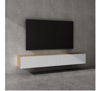 Sogood Meuble TV Bas 200 cm Armoire TV Marron Clair + Blanc Mat Table de Télévision Salon avec Portes Meuble TV Suspendu MBTV02