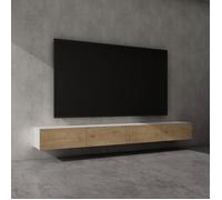 Sogood Meuble TV Bas 280 cm Armoire TV Blanc Mat + Marron Clair Table de Télévision Salon avec Portes Meuble TV Suspendu MBTV02