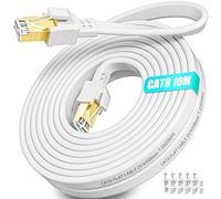 Soibke Cable Ethernet 10m, Cat 8 Cable RJ45 10m Blindé 40Gbps 2000MHz Haut Debit, Gigabit Câble Réseau 10 Mètres Blanc Plat Lan pour Routeur Modem (10 Clips)