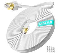 Soibke Câble Ethernet 12m, Cat 8 Cable Réseau Rj45 12 Mètres Plat Haut Debit Fibre 40Gbps 2000MHz, Fil Internet Blindé Gigabit Câble Lan Blanc -pour Commutateur Routeur Modem